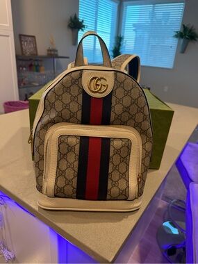 Gucci Beige GG Canvas Backpack with Red & Navy Web Stripe